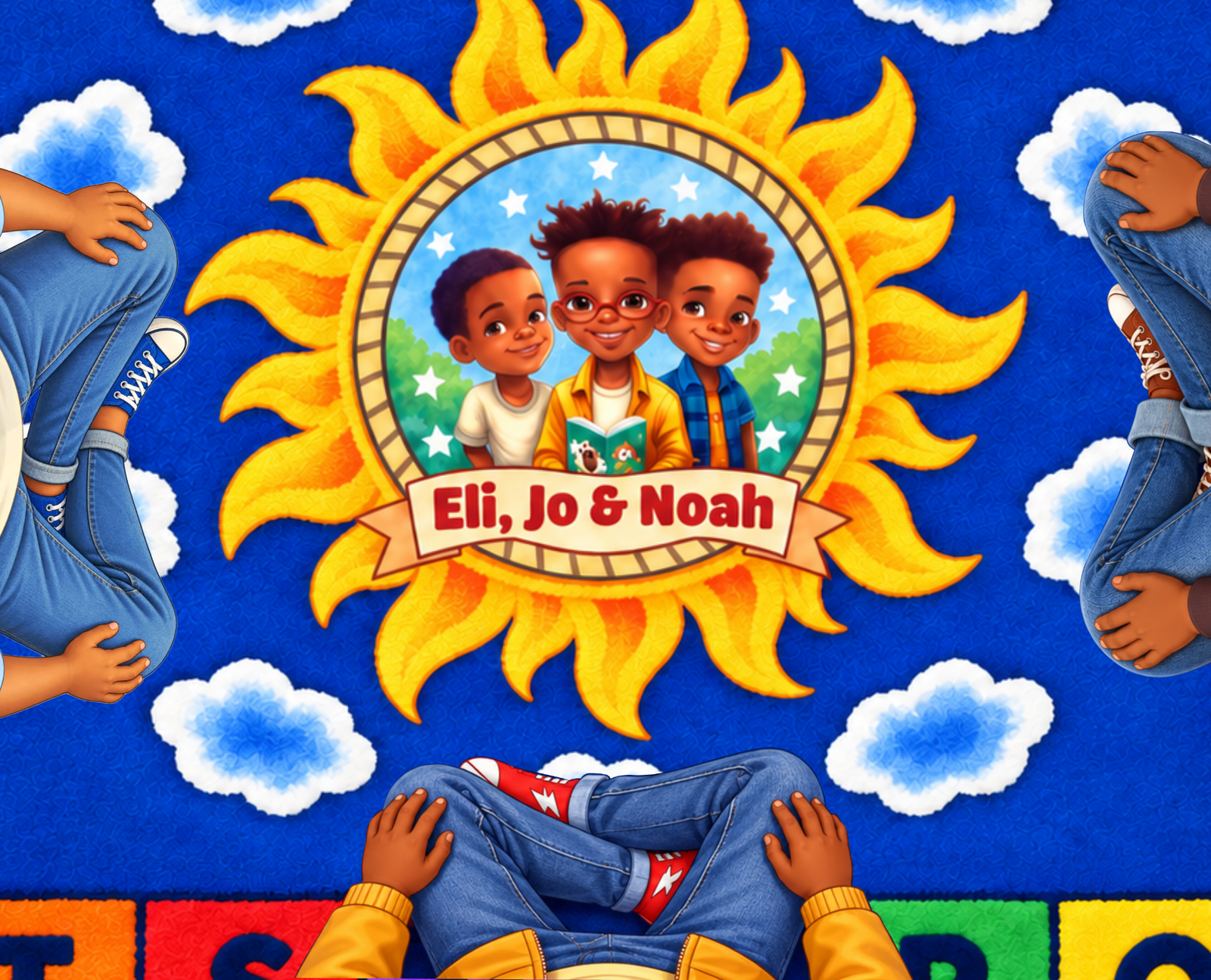Eli sits in the player seat while Jo and Noah play across the carpet