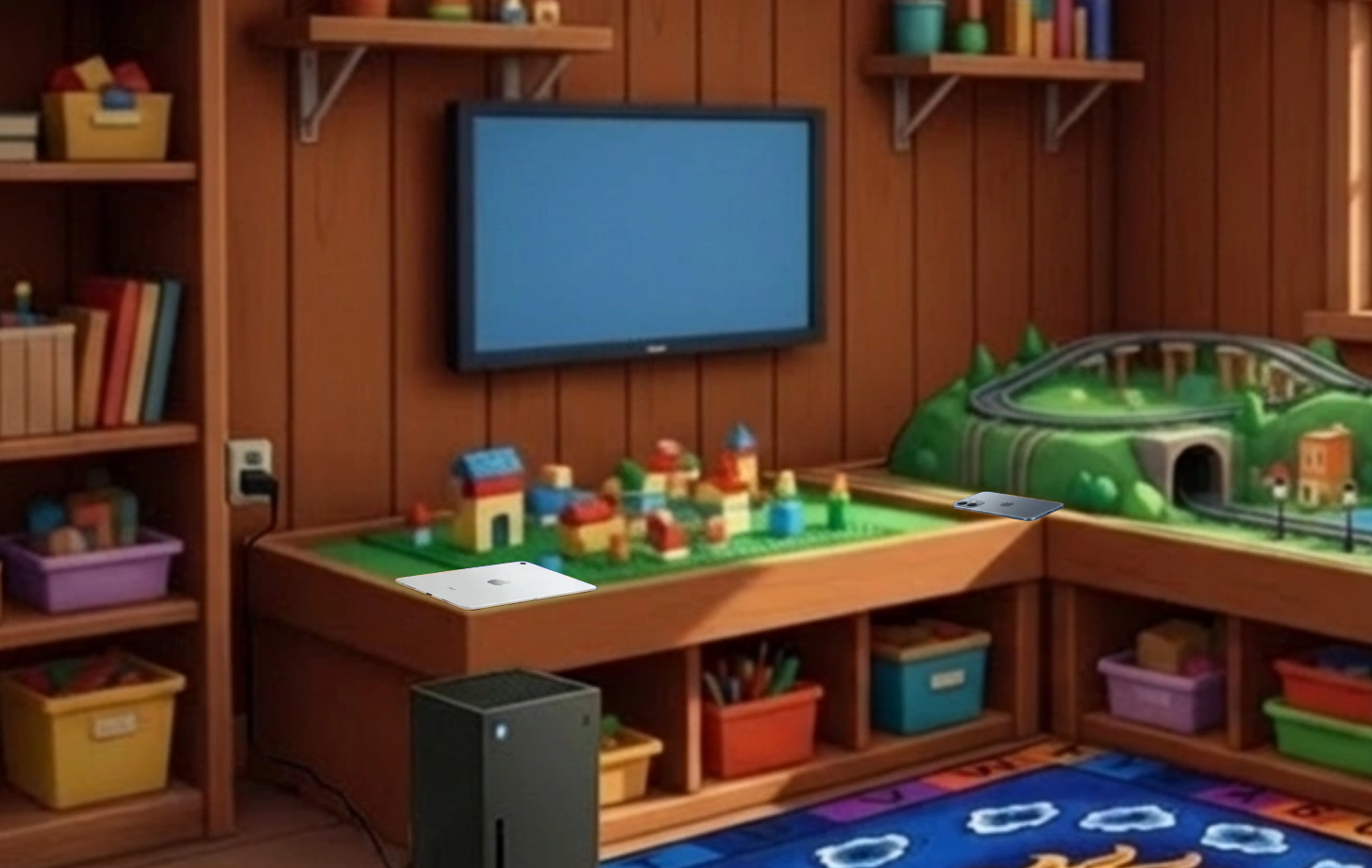 A cozy treehouse with a wall TV, books, and a model town