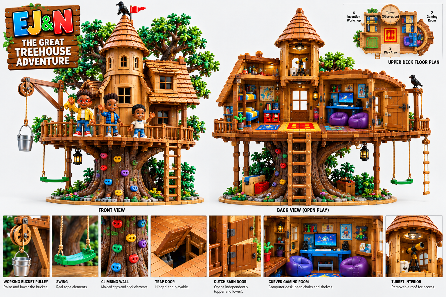 EJ&N Great Treehouse Adventure toy concept showing the front, open back, swing, pulley, climbing wall and rooms