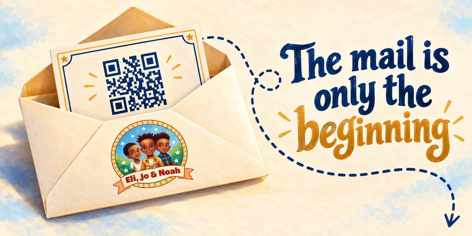 A branded envelope and illustrated QR card follow a dotted trail toward the online adventures.