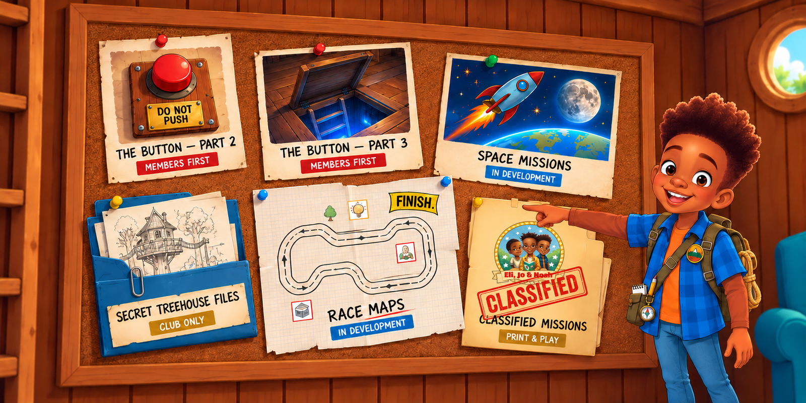 Jo points to a real headquarters board with The Button Parts 2 and 3 marked Members First, space missions and race maps in development, Secret Treehouse Files marked Club Only, and classified print-and-play missions.
