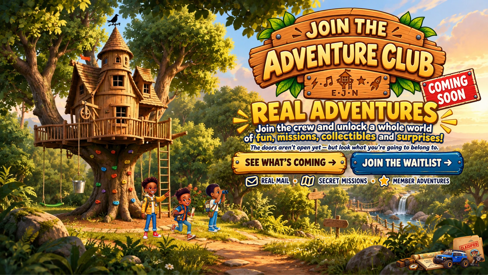 Eli points toward adventure beside running Jo and Noah with binoculars. Join the Adventure Club: real adventures, coming soon.